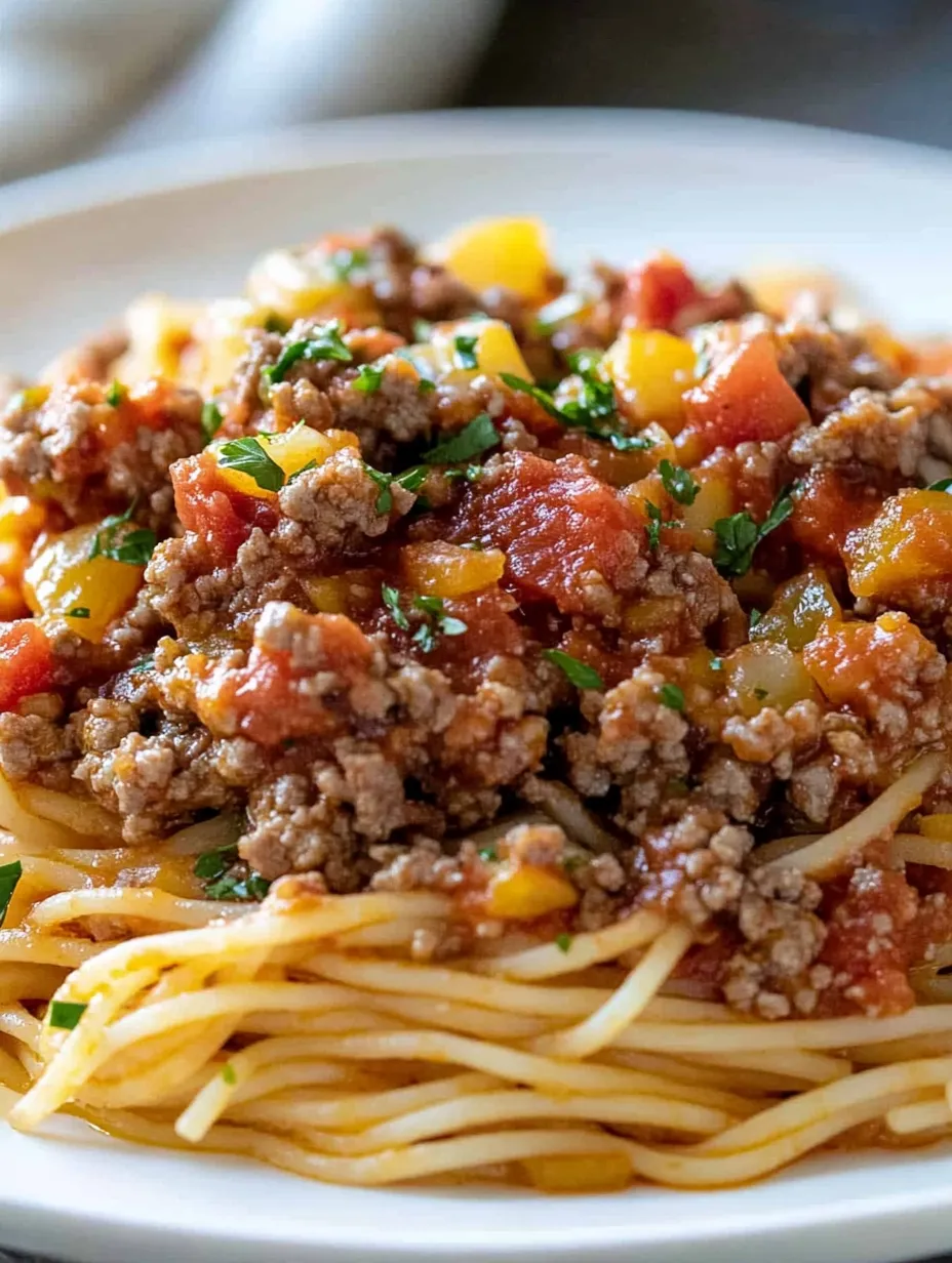 Ein Teller Spaghetti mit Fleischsoße.