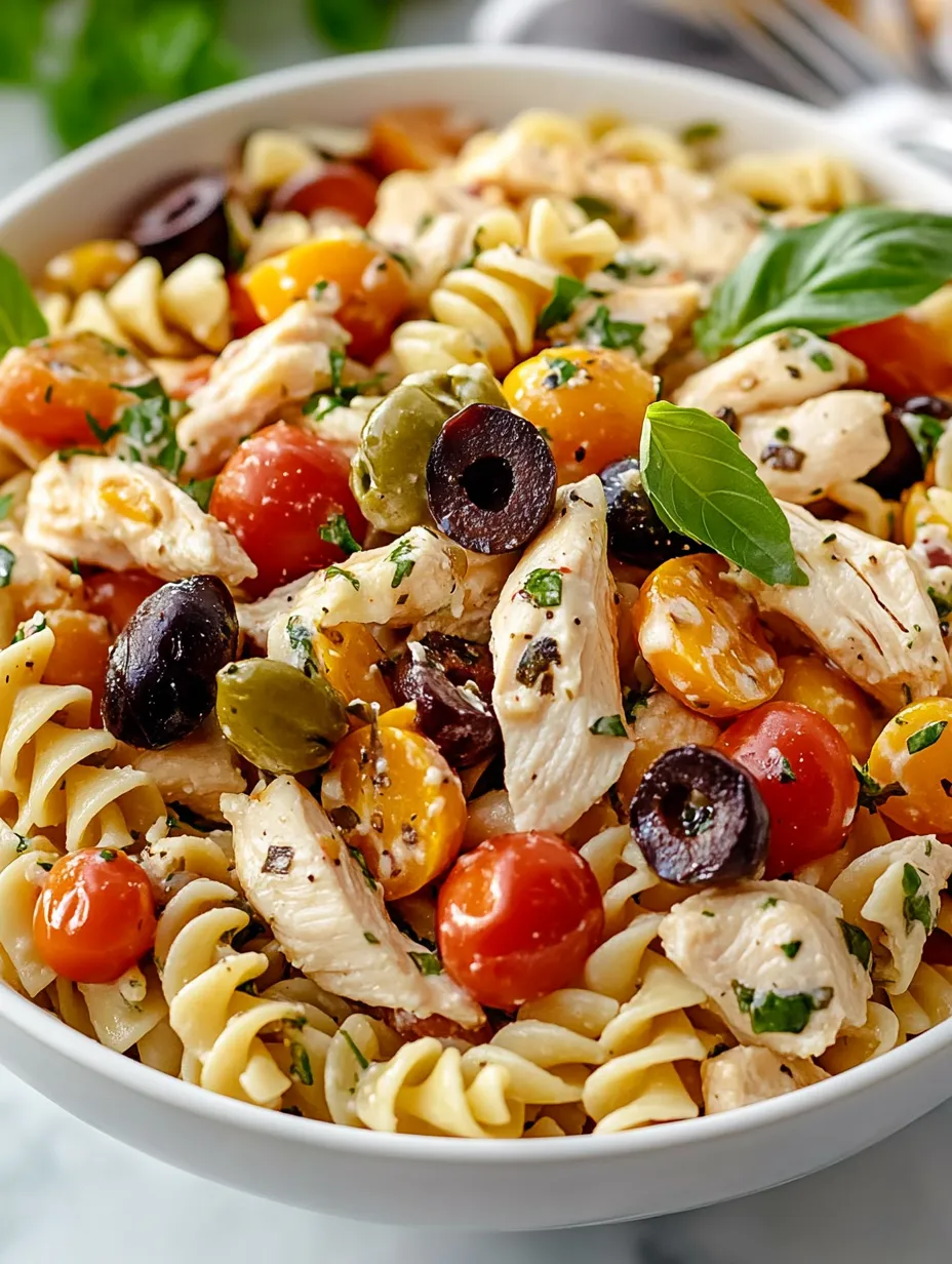 Eine Schüssel Pasta mit Hähnchen und Gemüse.