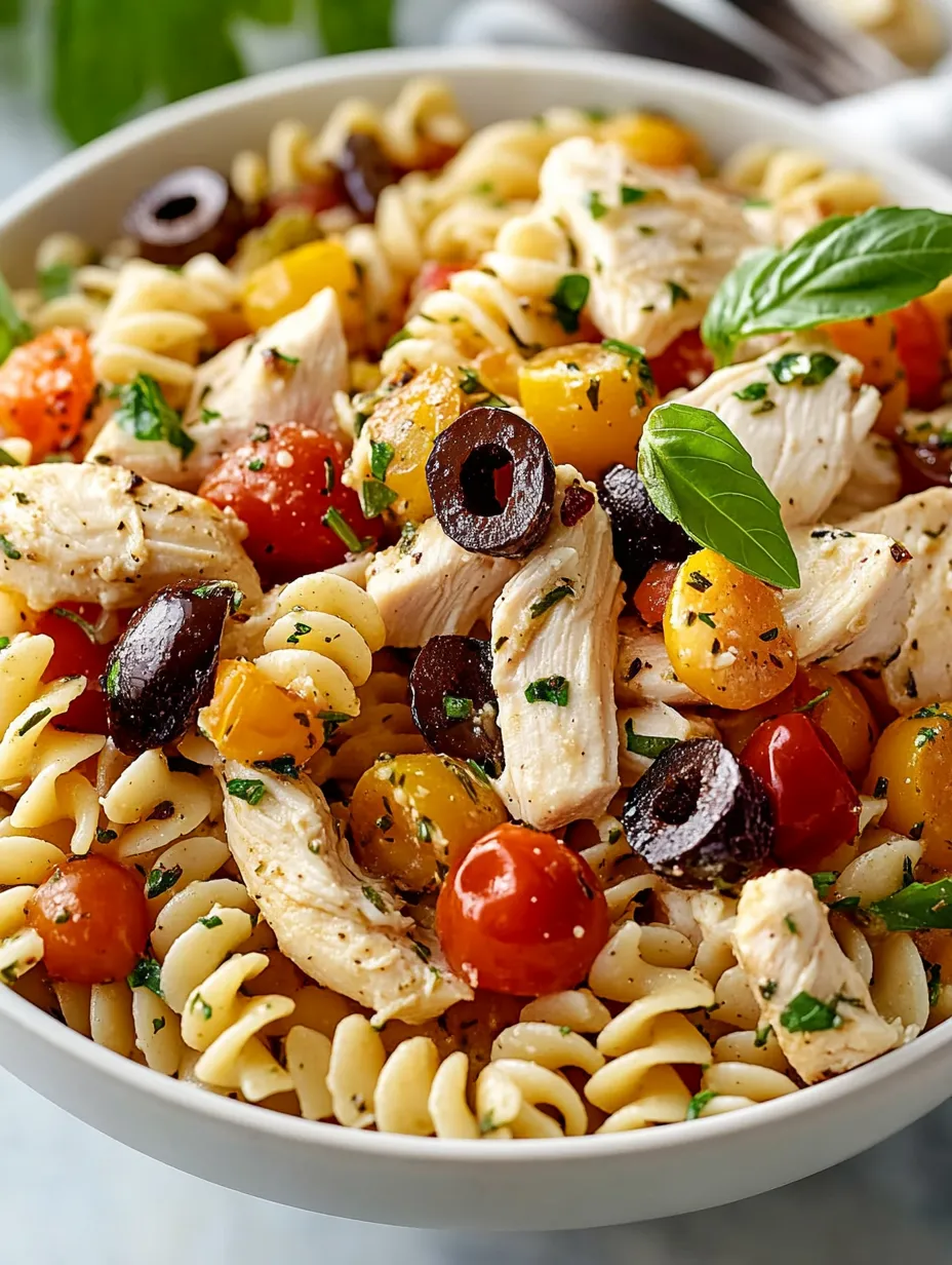 Ein Teller mit Pasta, Hähnchen, Tomaten, Oliven und Basilikum.
