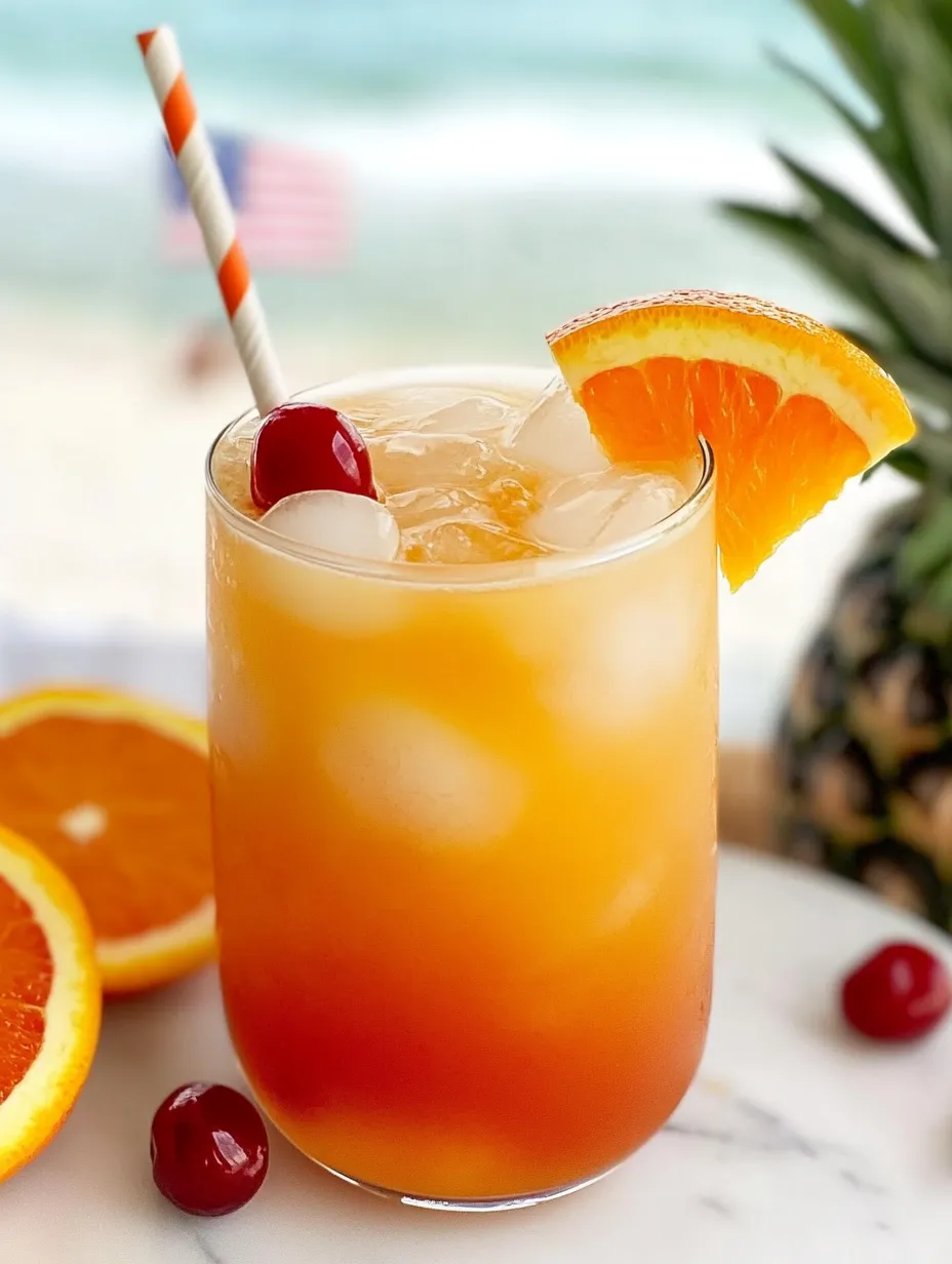 Ein Glas Orangensaft mit Cocktailkirsche oben drauf.