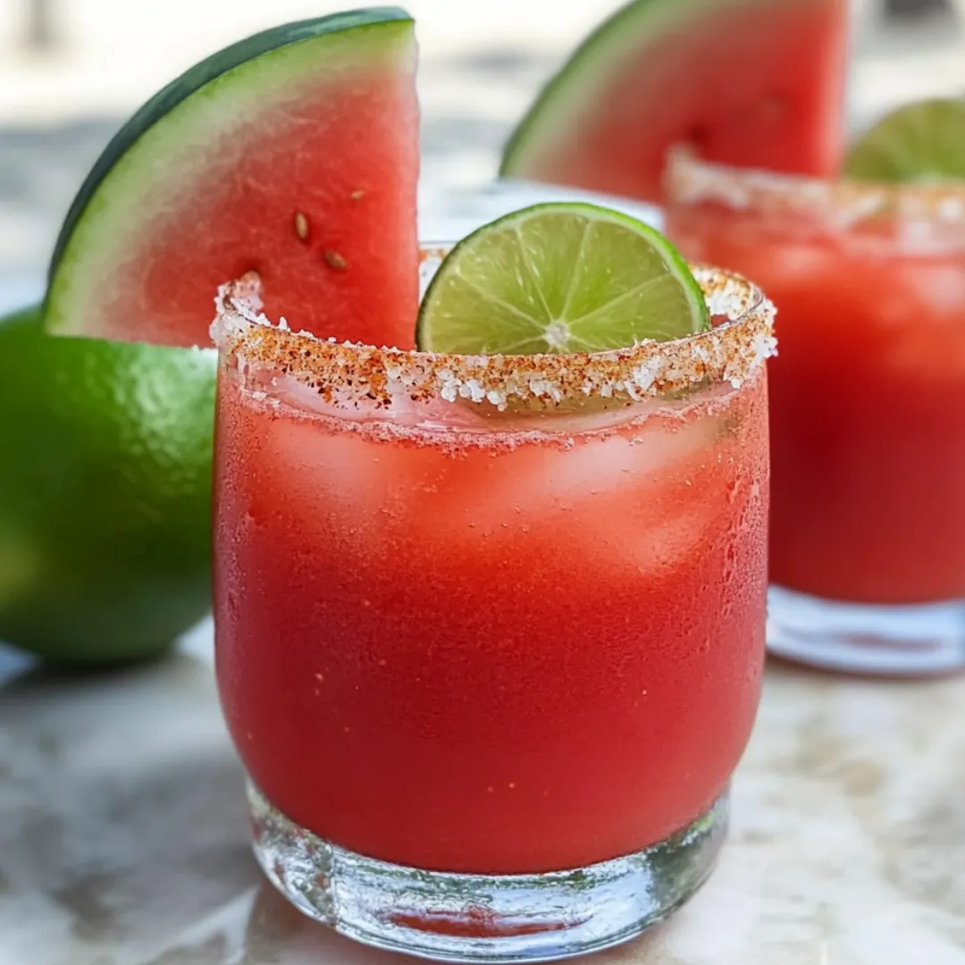Ein Glas rotes Getränk mit einem Stück Wassermelone und Limette.