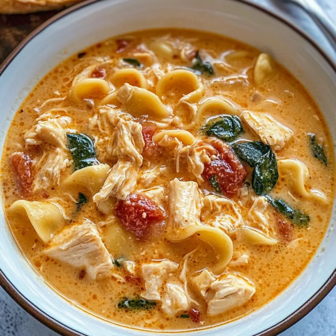 Schüssel mit Huhn und Gemüse in cremiger Suppe.