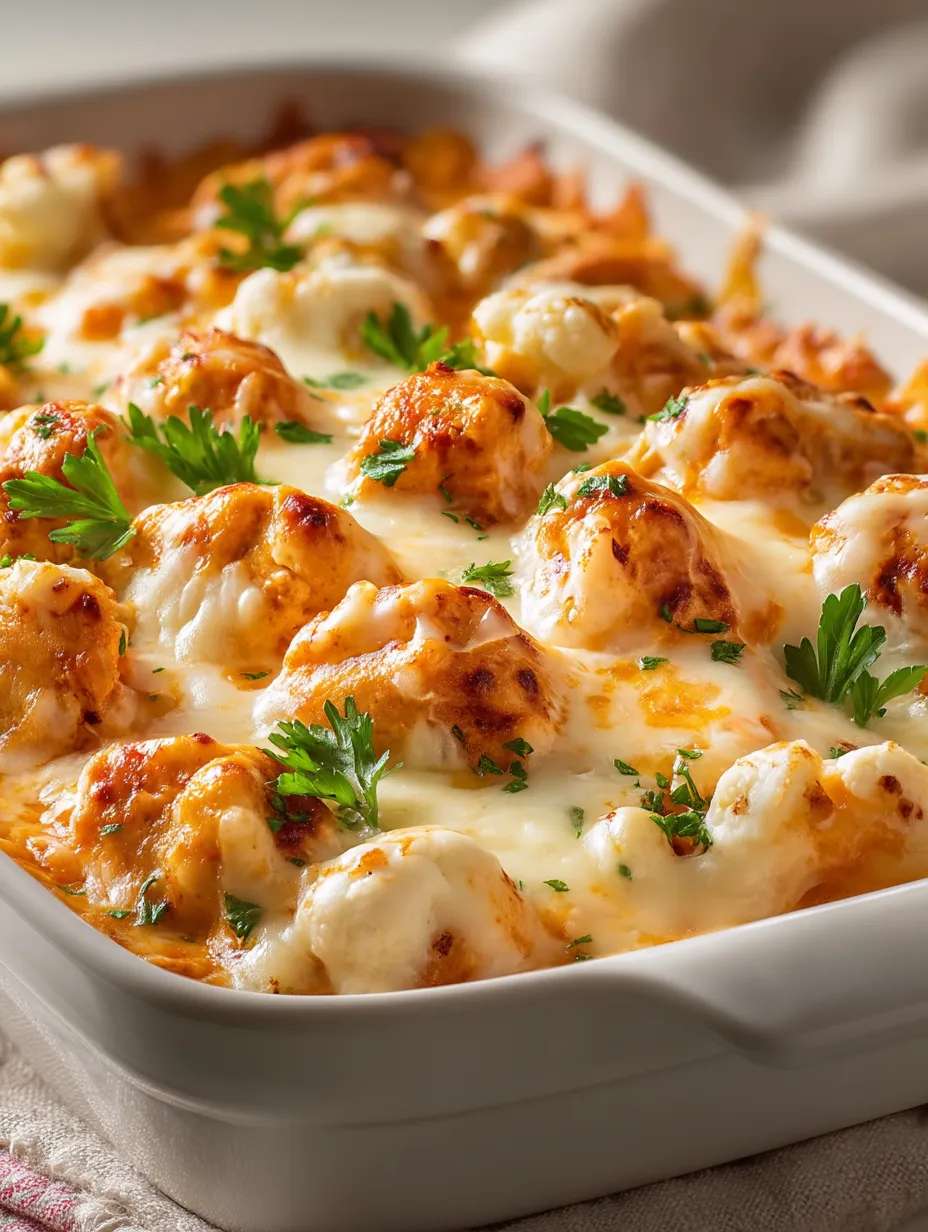 Ein Auflauf mit cremigem Buffalo Chicken und Blumenkohl.