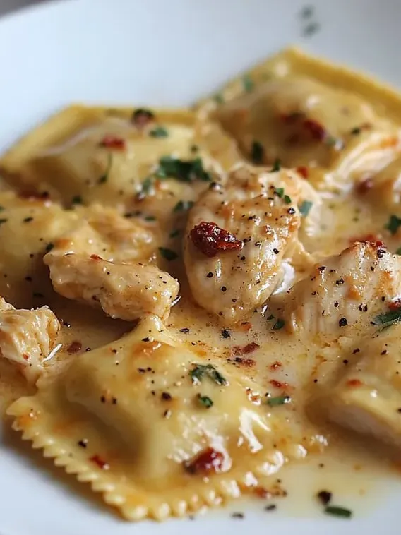 Ein Teller Pasta mit Hähnchen und Sauce.