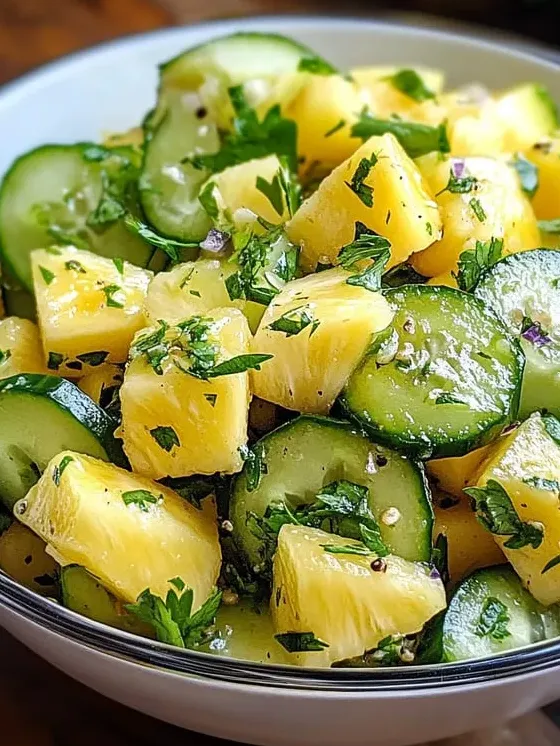 Eine Schale mit Ananas und Gurke.