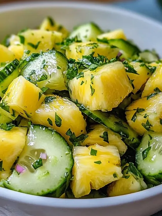 Eine Schale mit Gurke und Ananas.