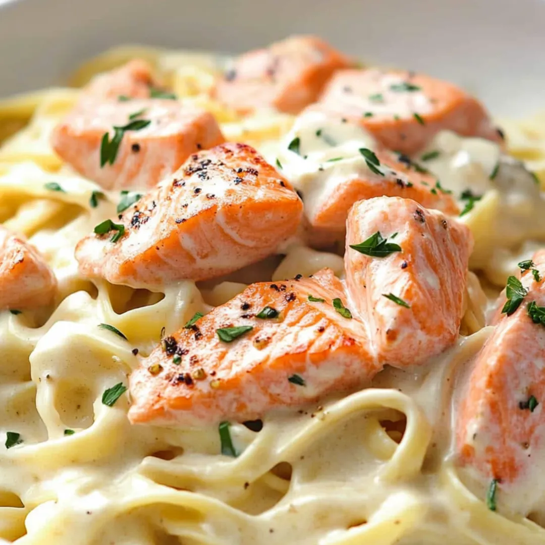 Nudelteller mit Lachs und Kräutern.