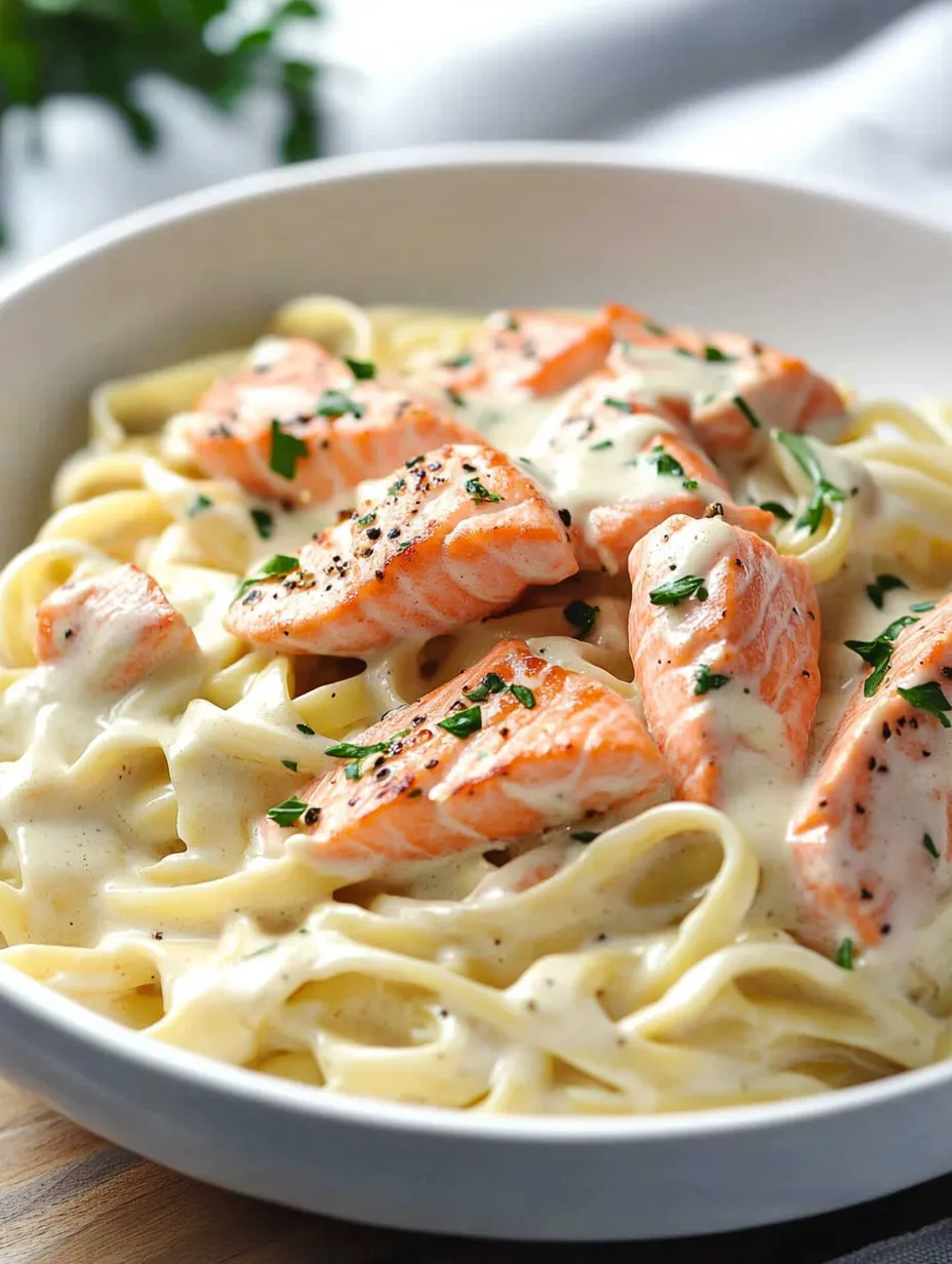 Eine Schüssel Pasta mit Lachs und Käse.
