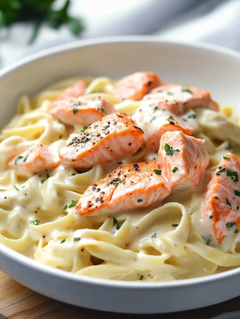 Eine Schüssel Pasta mit Lachs obendrauf.