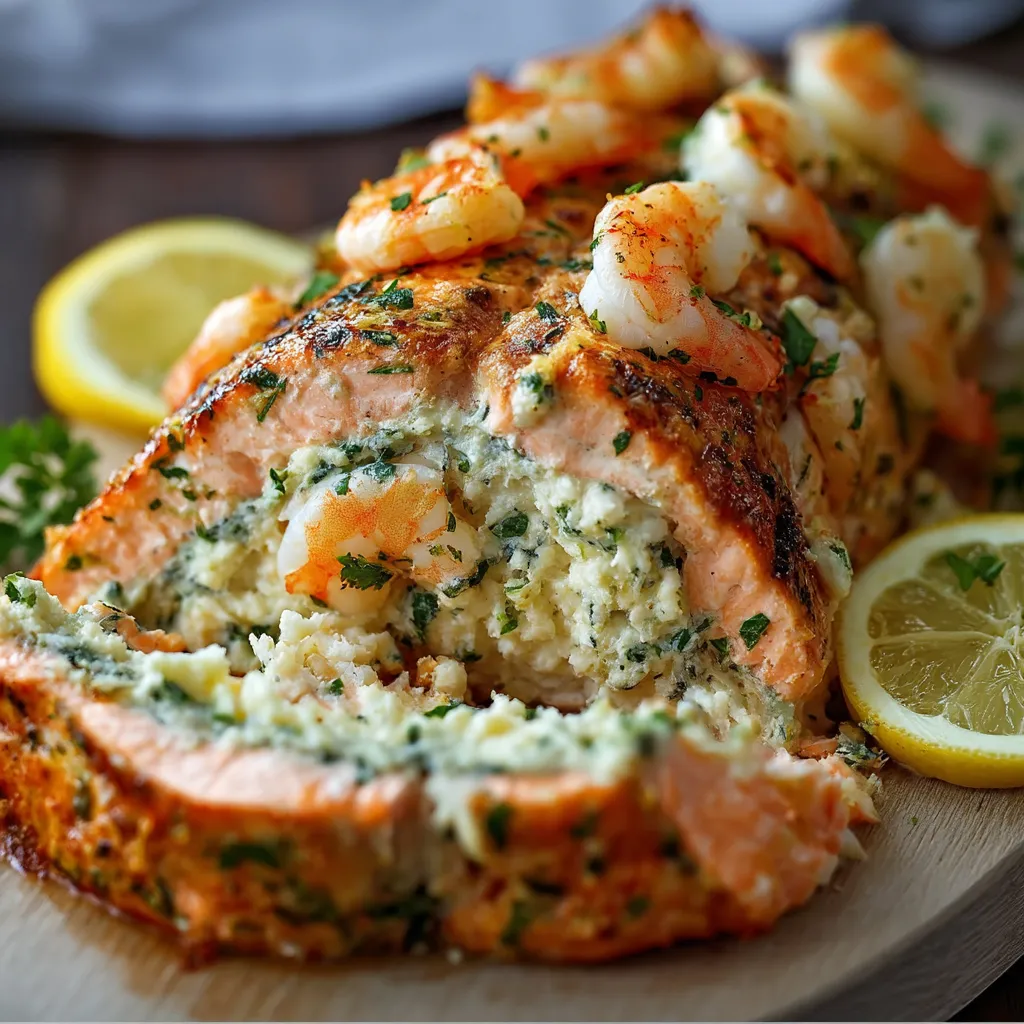 Ein Stück Lachsfilet mit Garnelen obendrauf.