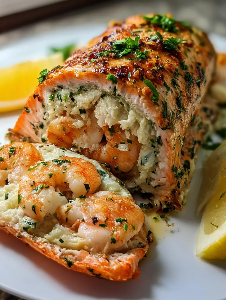 Ein Stück Lachs mit Zitronenspalte.