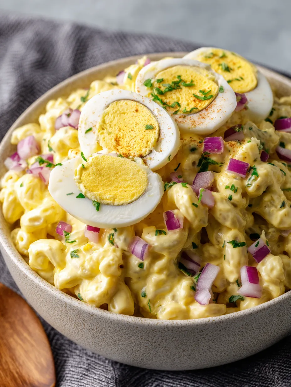 Eine Schüssel mit Nudelsalat und Eiern obendrauf.