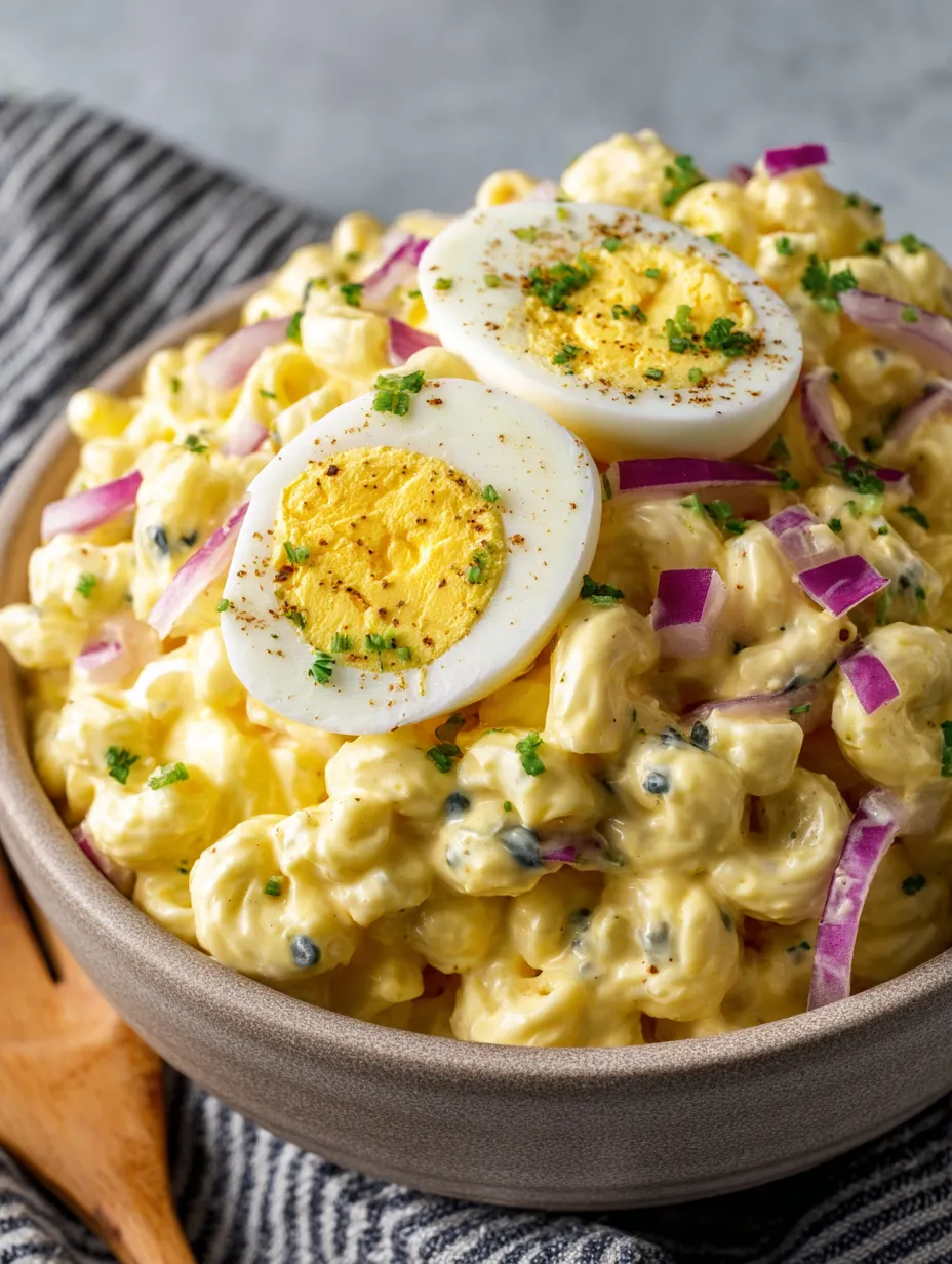 Eine Schüssel Nudelsalat, darauf zwei Eier.