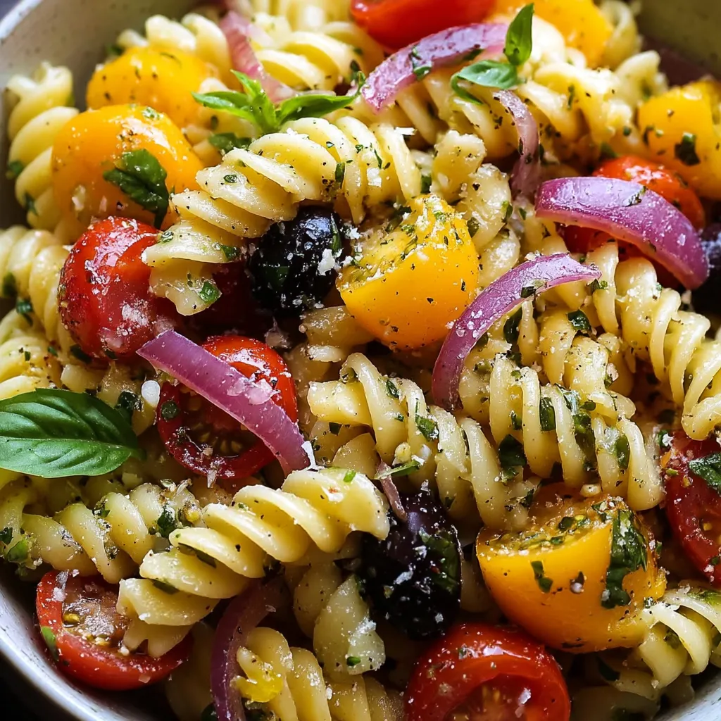 Schüssel mit Pasta, Tomaten und Basilikum.