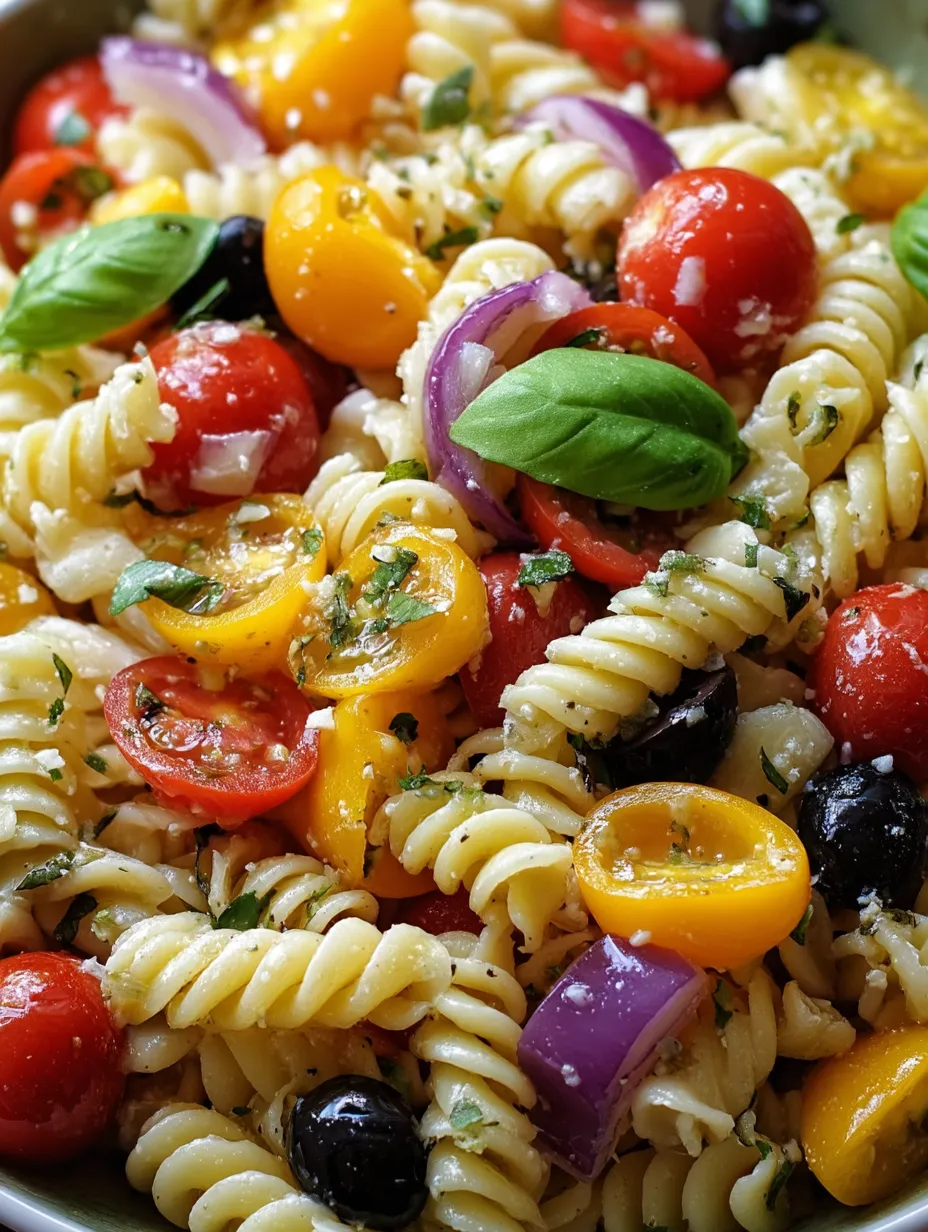 Schüssel voll Pasta mit Tomaten, Zwiebeln und Basilikum.