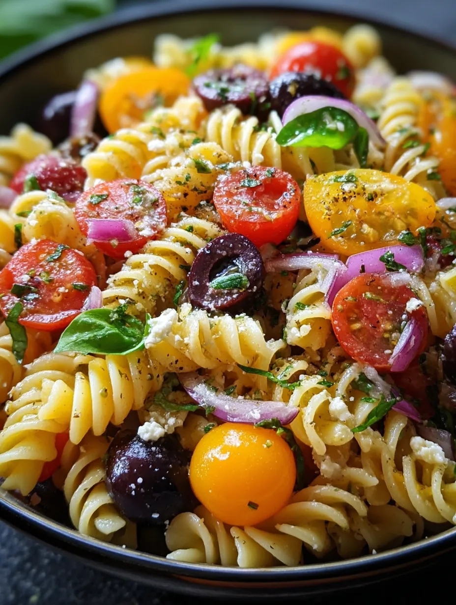 Schüssel Pasta mit Tomaten, Zwiebeln, Oliven und Käse.
