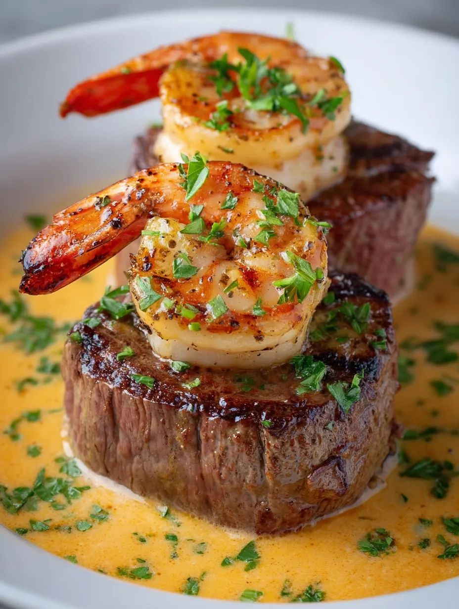 Steak mit Garnelen oben drauf.