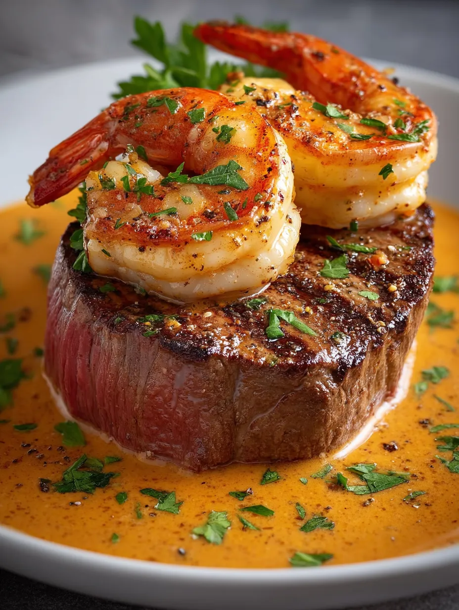 Ein Teller mit Garnelen und Steak.