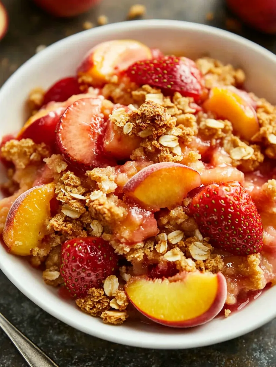 Eine Schale voll Obst, darunter Erdbeeren, Pfirsiche und anderes.