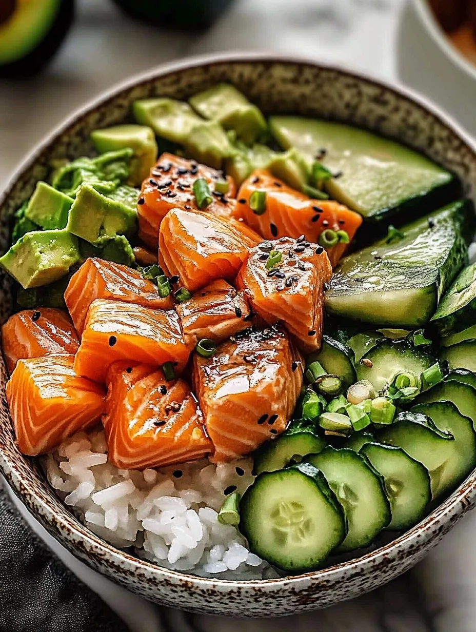 Eine Schüssel Sushi-Style mit Reis, Gurken und Avocado.