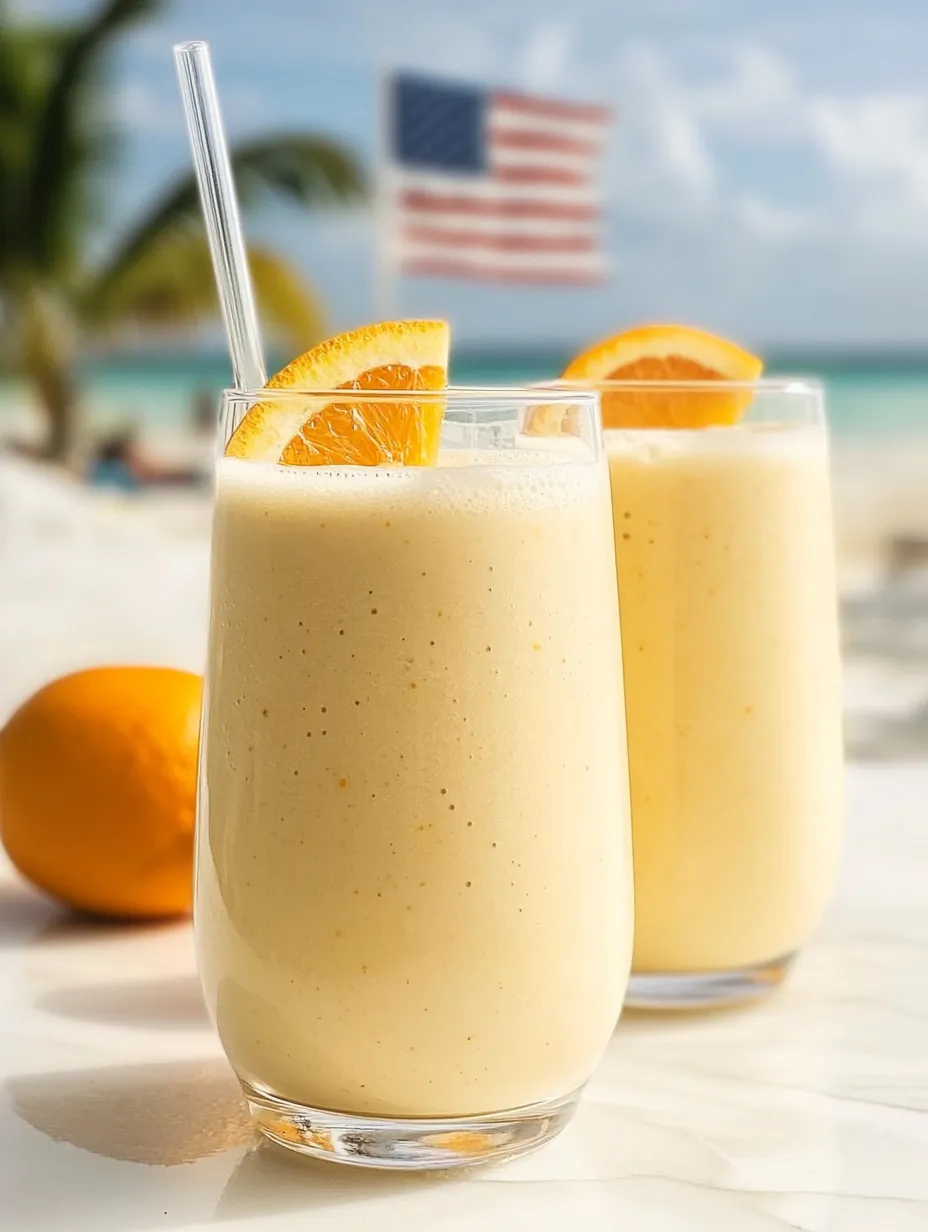 Zwei Gläser mit Orangensaft und Orangenscheiben.