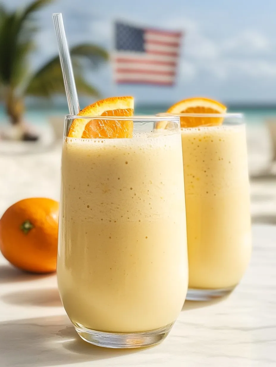Zwei Gläser mit Orangensaft und Orangenscheiben.