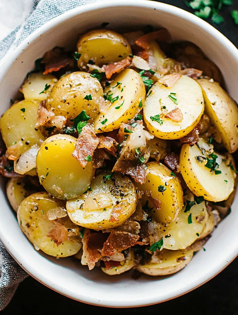 Eine Schüssel Kartoffeln mit Bacon und frischen Kräutern.