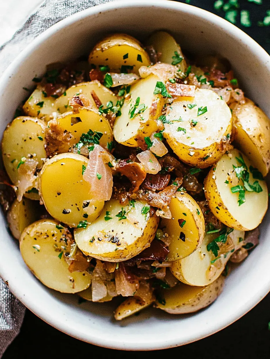 Eine Schüssel Kartoffeln mit Zwiebeln und Kräutern.