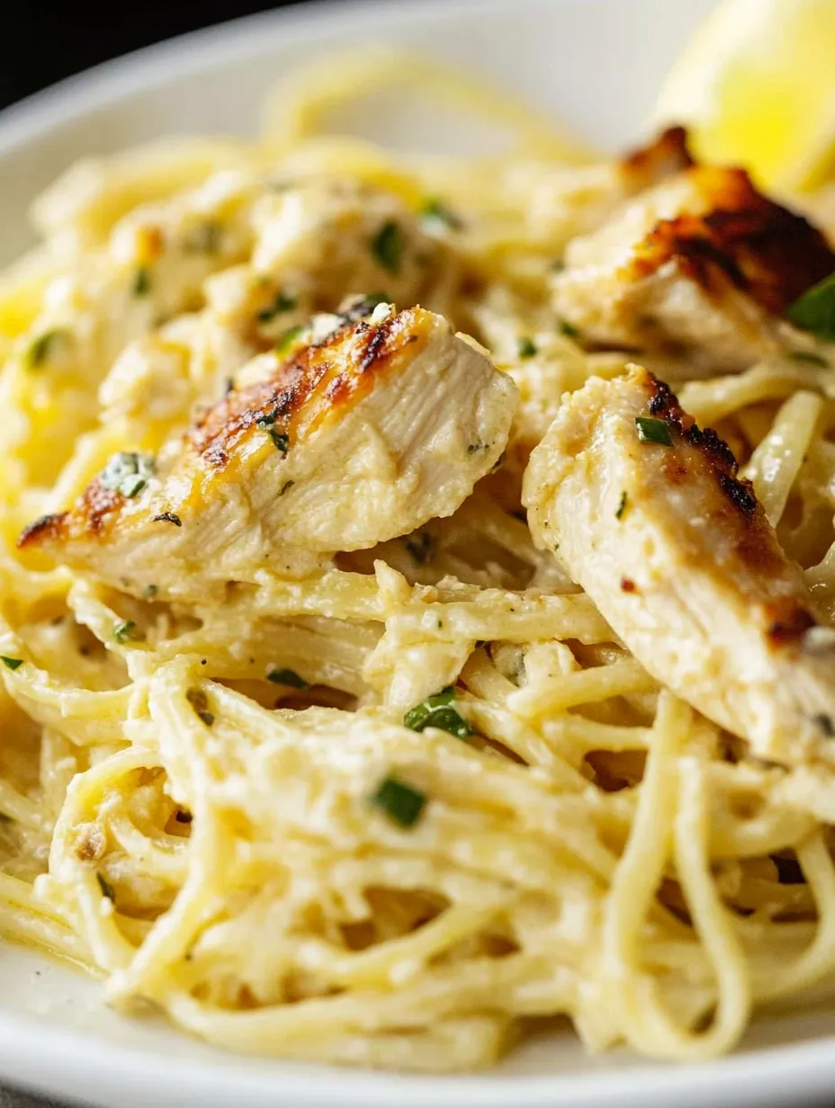 Ein Teller mit Pasta, Hähnchen und Kräutern.