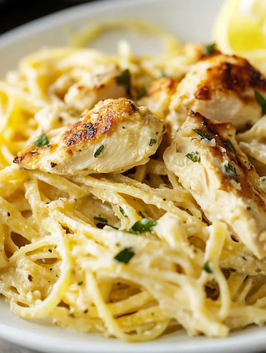 Pasta mit Hähnchen oben drauf auf einem Teller.