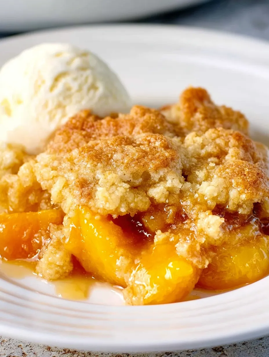 Ein Dessert mit einer Kugel Eis und einem Stück Pfirsichauflauf.