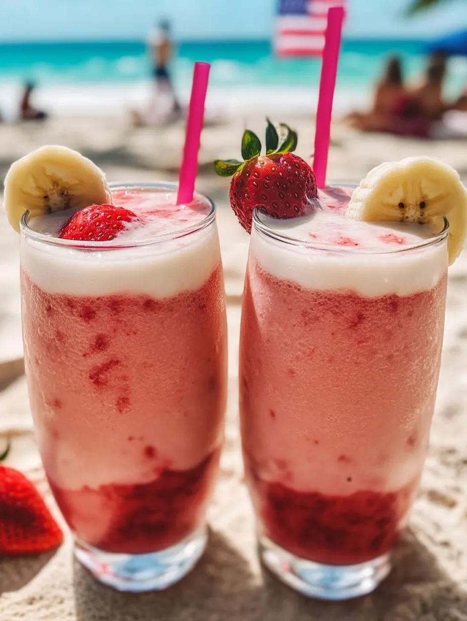 Zwei Gläser Erdbeer-Bananen-Smoothie.