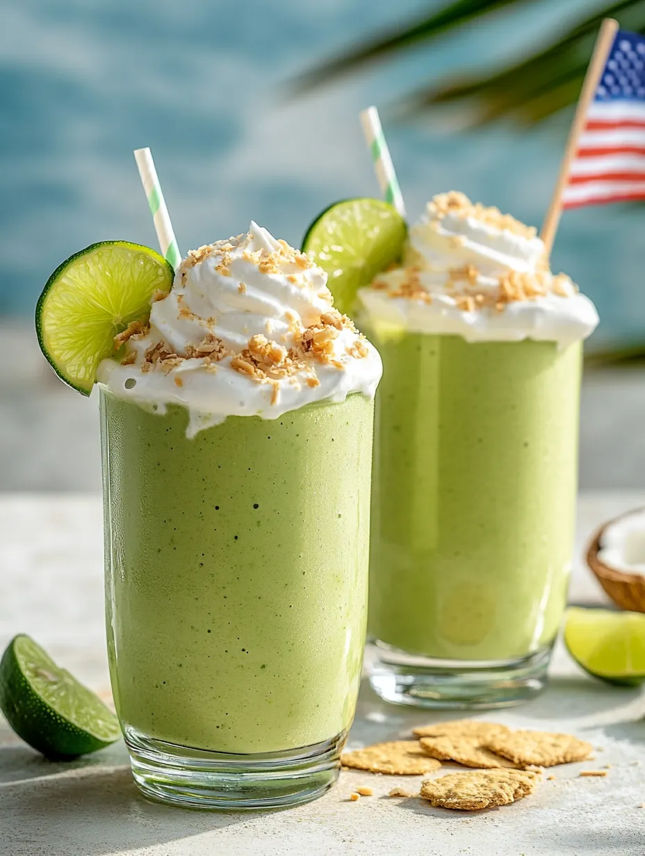 Zwei Gläser grüner Smoothie mit Limetten und Kokosnuss.
