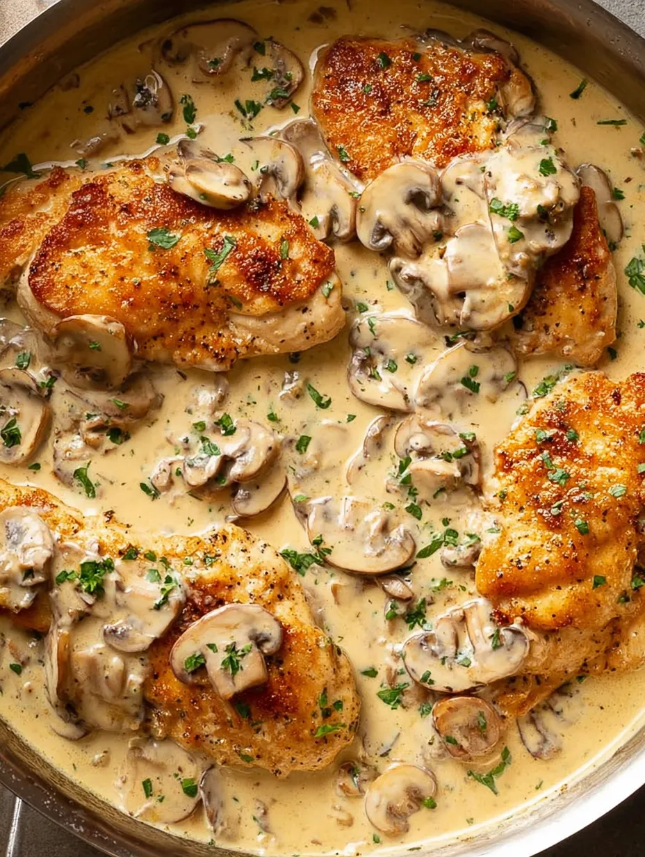 Hähnchen mit Pilzen und Kräutern.