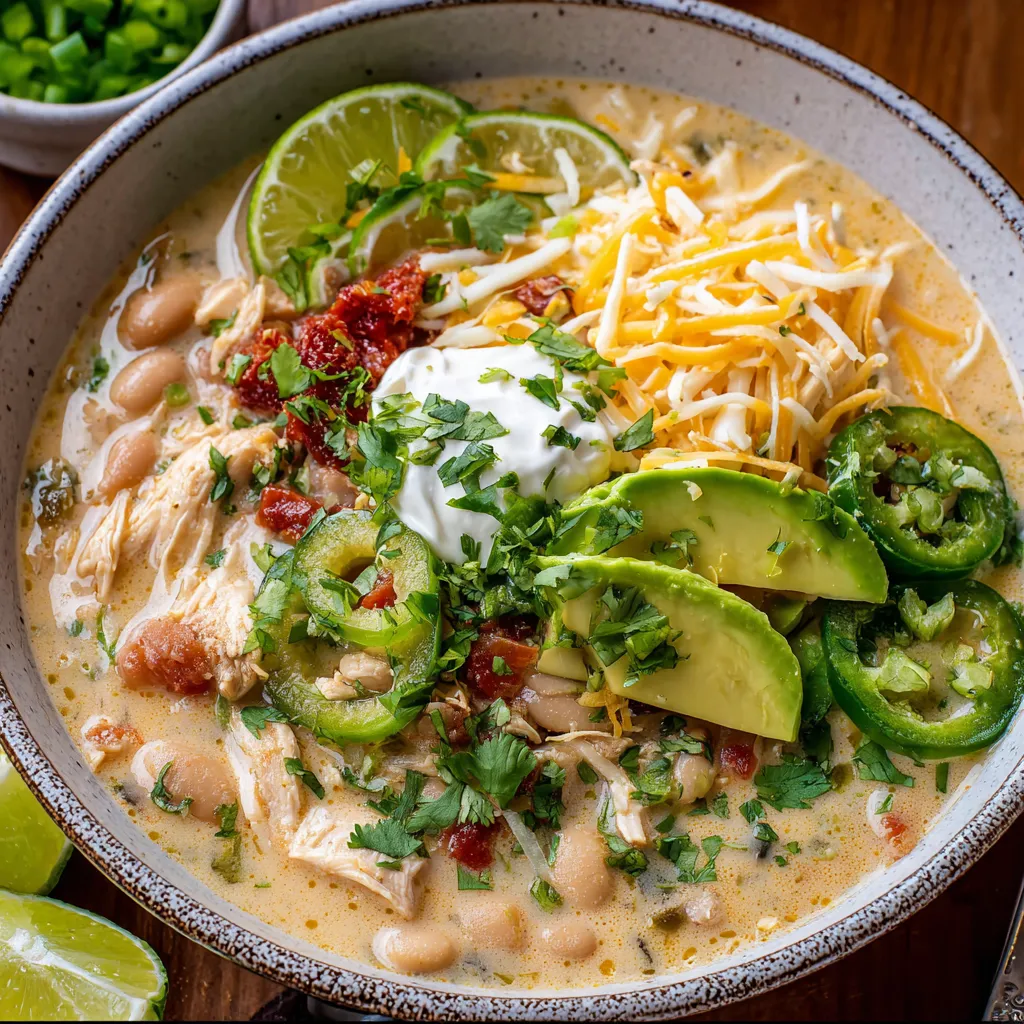Eine Schale Suppe mit Huhn, Bohnen und Avocado.