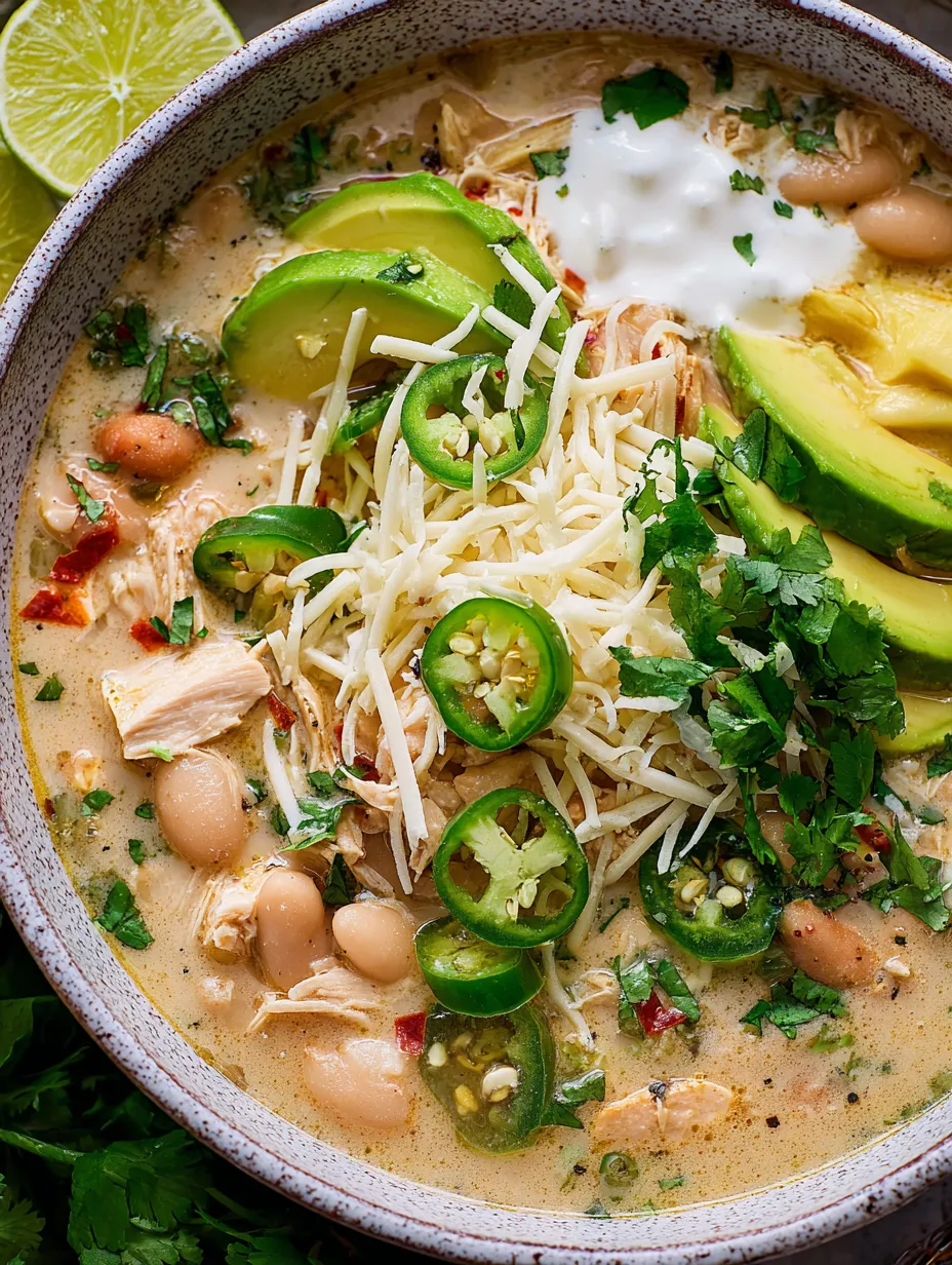 Eine Schale Suppe mit Hähnchen, Bohnen, Avocado und Jalapeños.