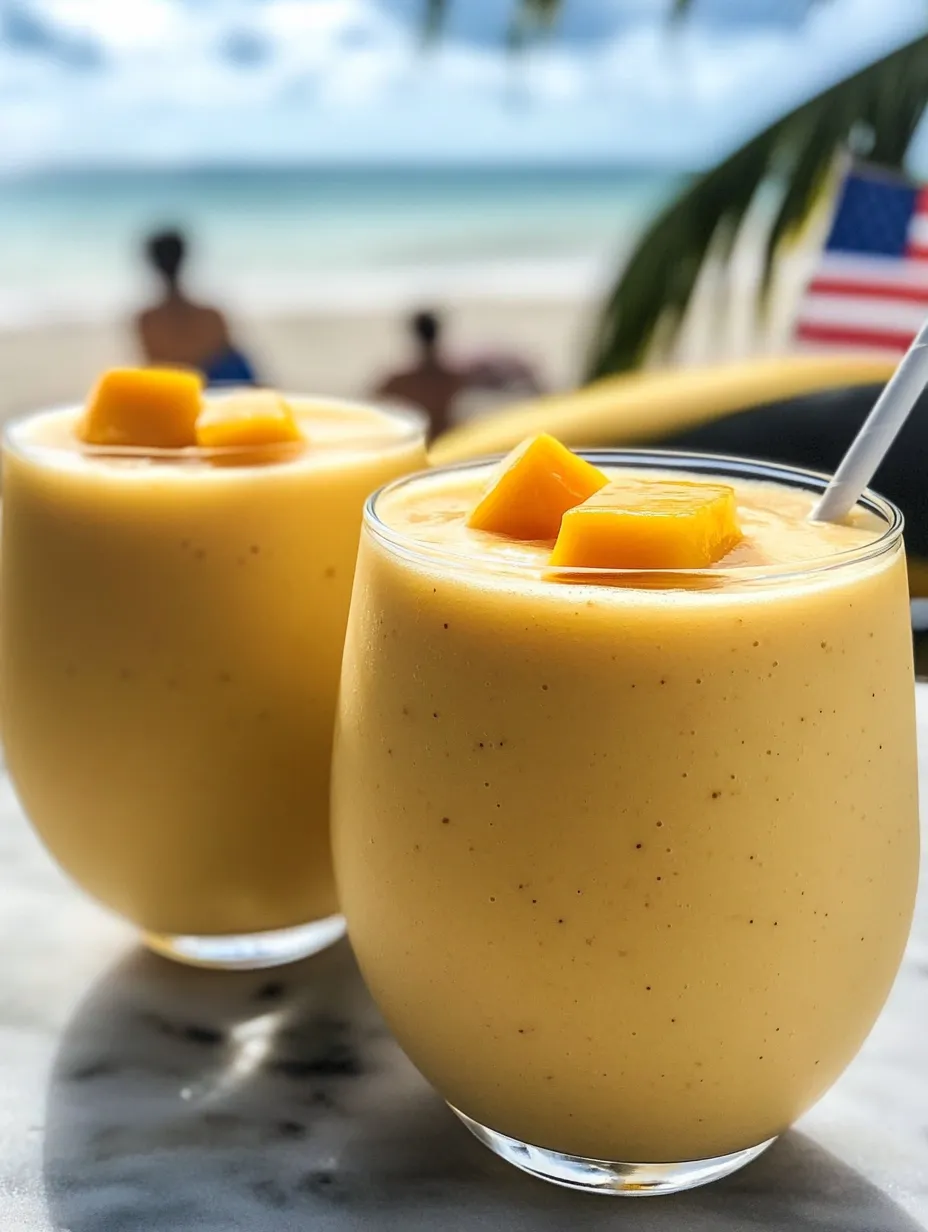 Zwei Gläser frischgepresster Orangensaft mit Pfirsichscheiben oben drauf.