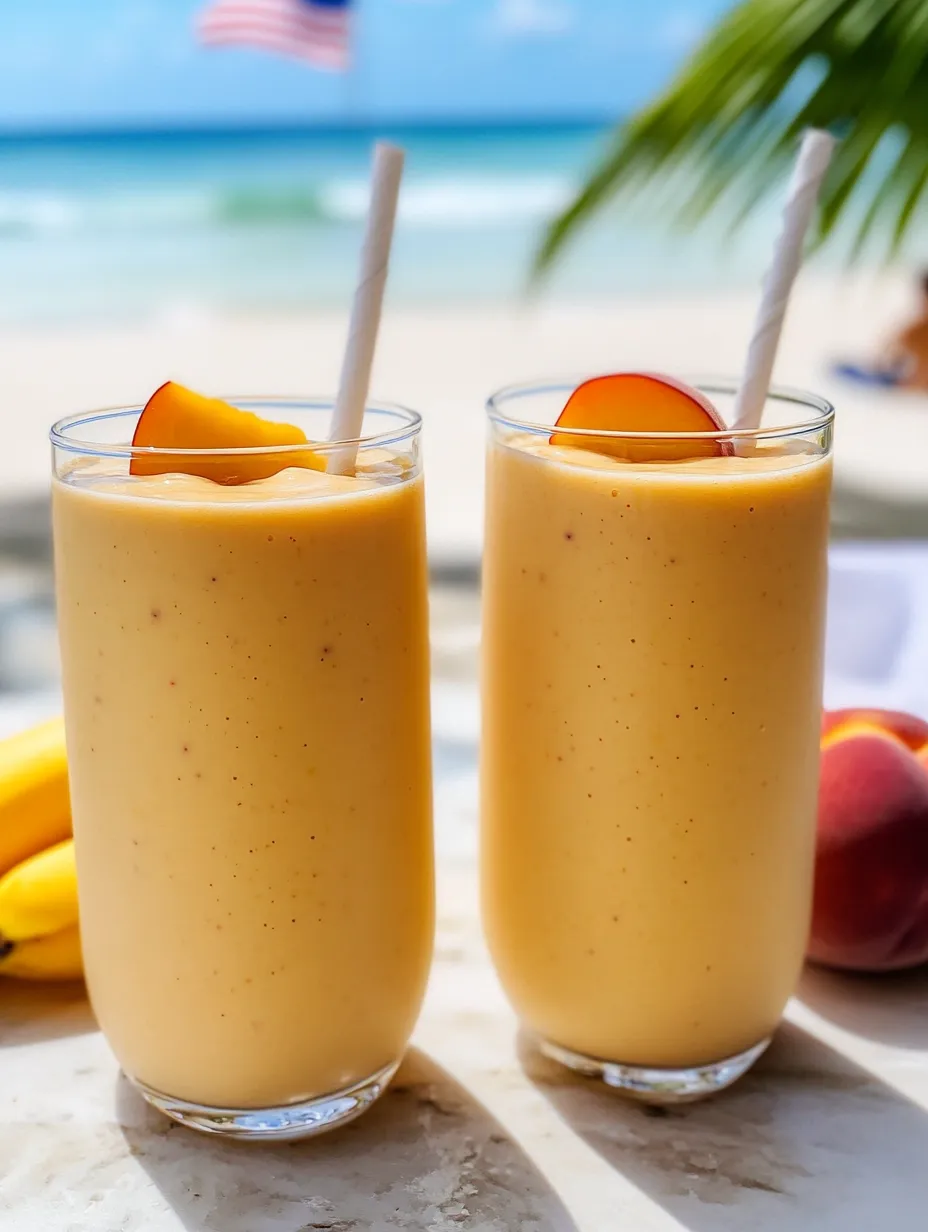 Zwei Gläser Pfirsich-Smoothie auf dem Tisch.