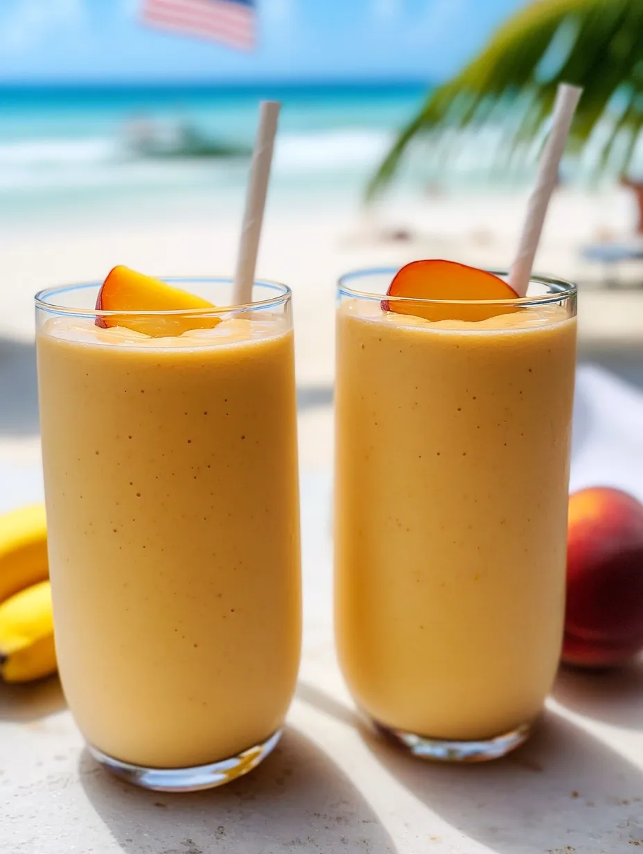Zwei Gläser Pfirsich-Smoothie auf dem Tisch.