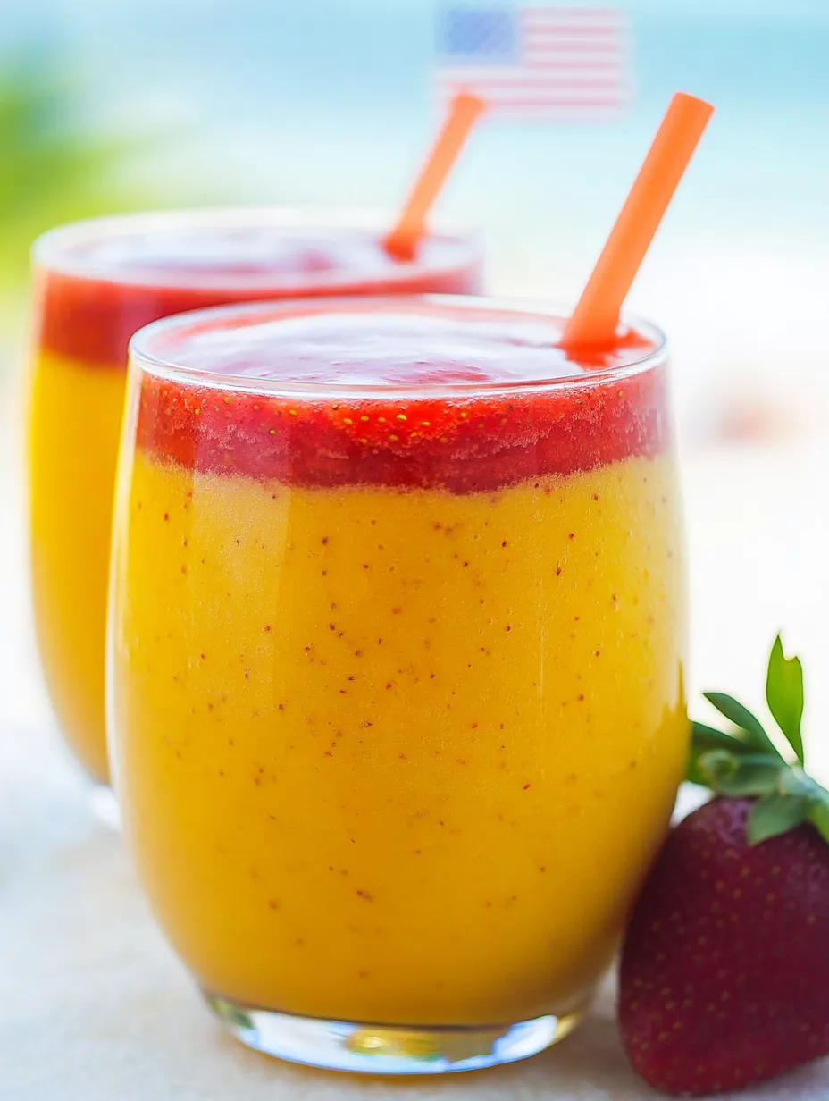 Zwei Gläser Orangensaft mit Erdbeeren.