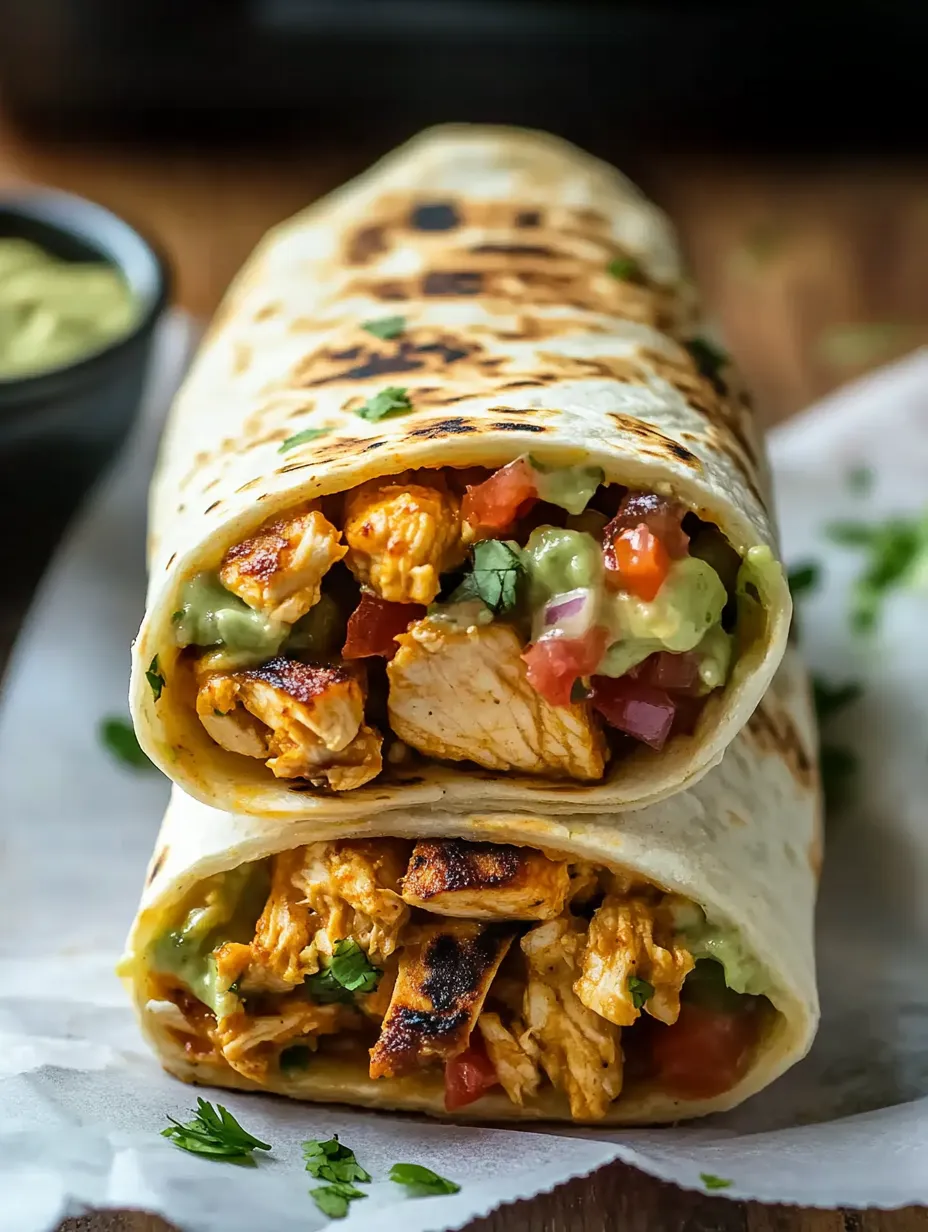 Ein Burrito mit Hähnchen und Tomaten.