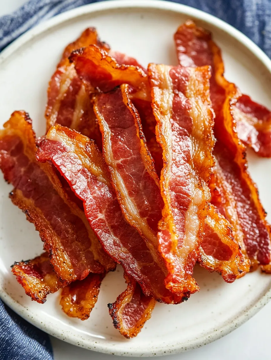 Bacon auf weißem Teller.