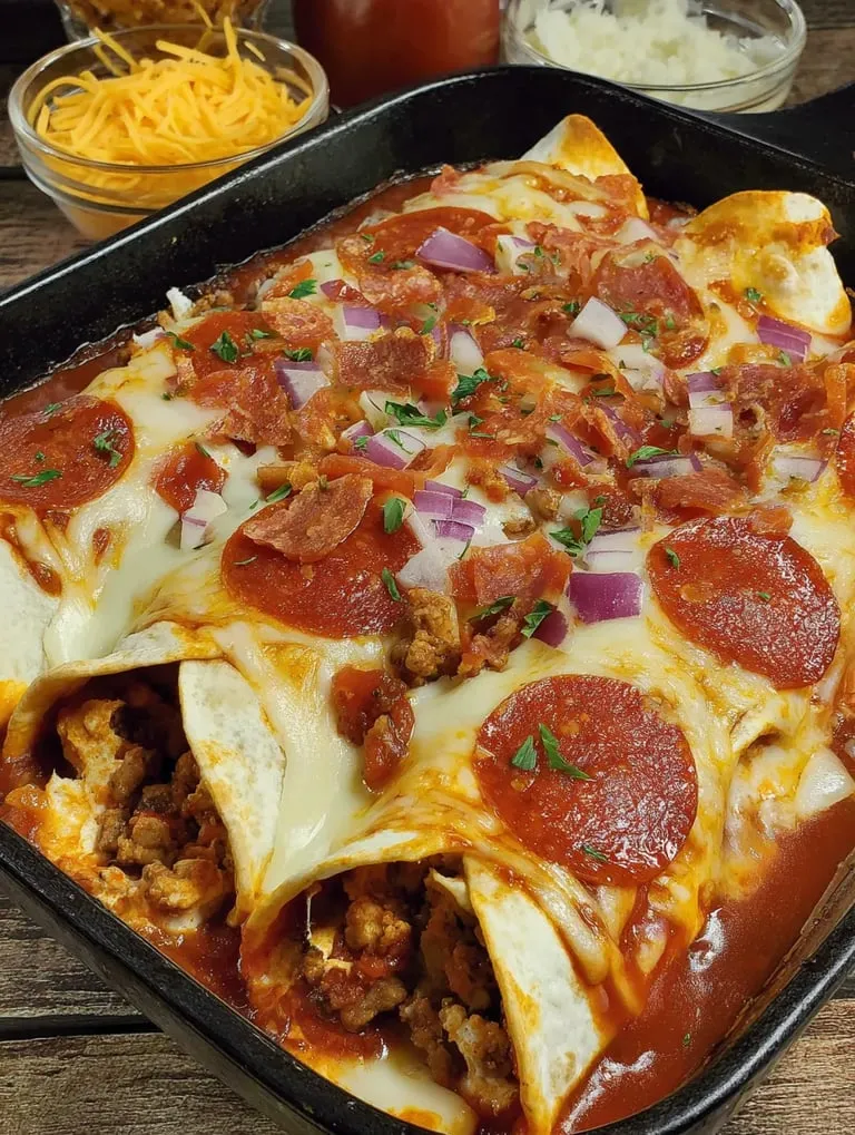 Eine Auflaufform mit Peperonisalami und Zwiebeln.