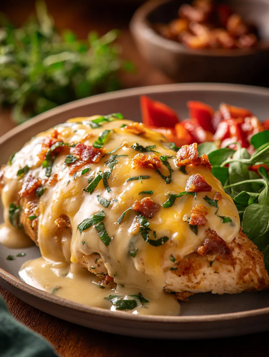 Ein serviertes Stück Hähnchen mit käsiger Sauce auf dem Teller.