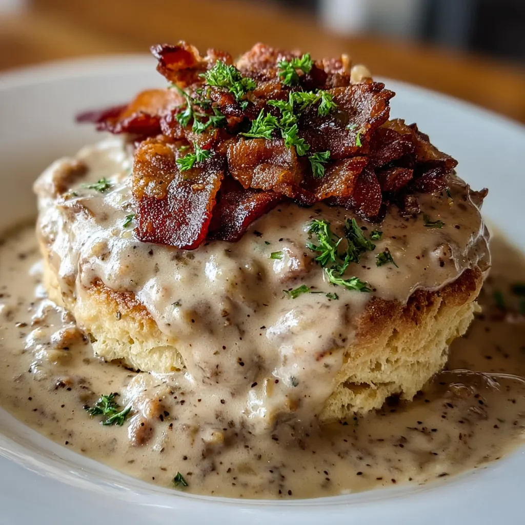 Bacon und Käse auf Biscuits.