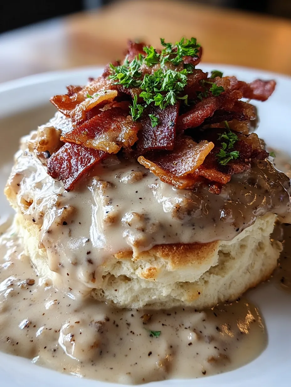 Bacon mit Sauce auf Biskuit.