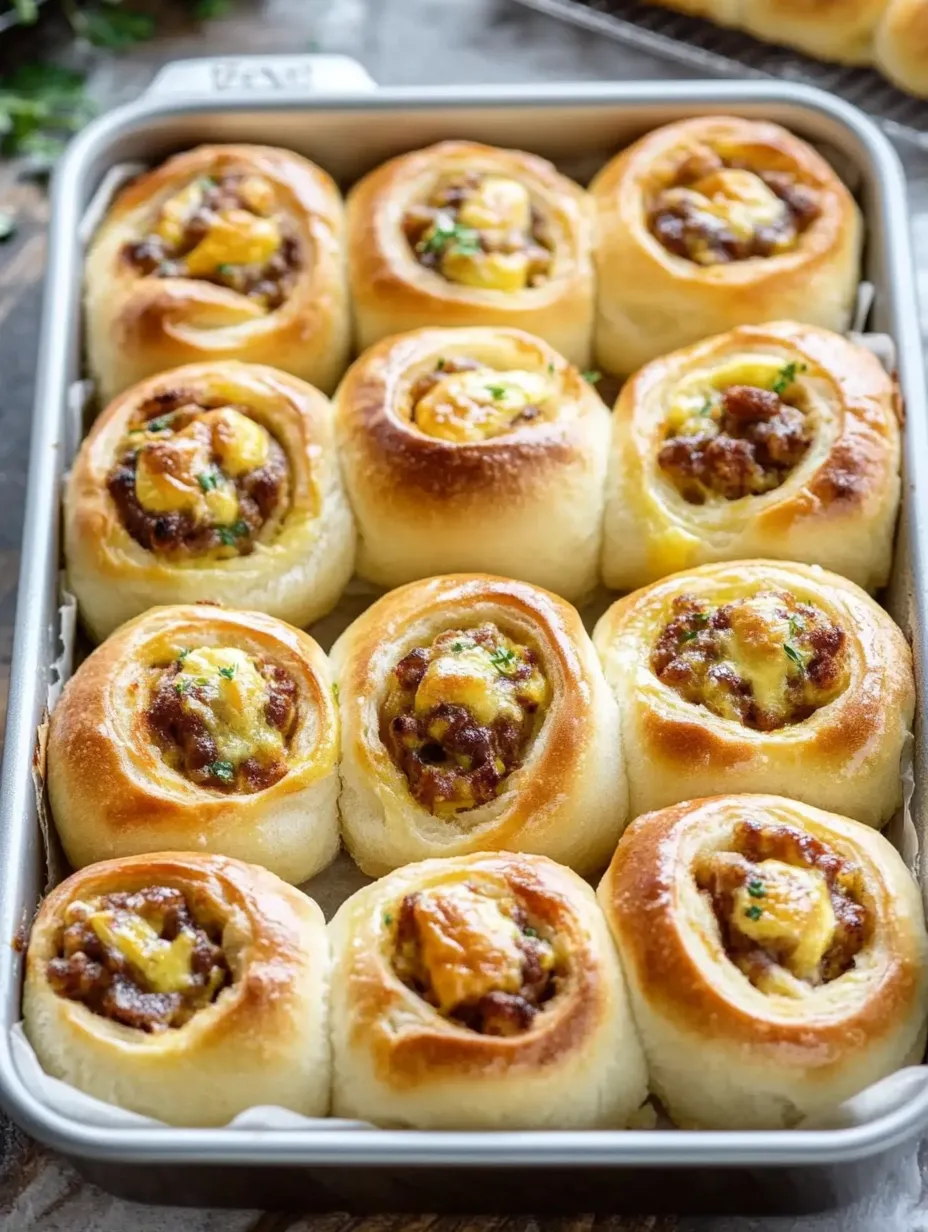 Ein Backblech mit Käse-Röllchen und Fleisch.