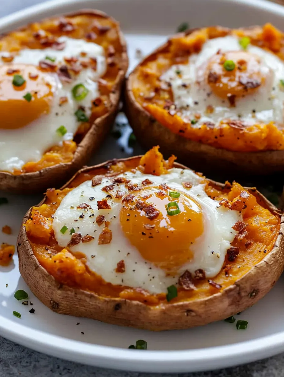 Zwei gebackene Süßkartoffelhälften mit Ei in der Mitte.