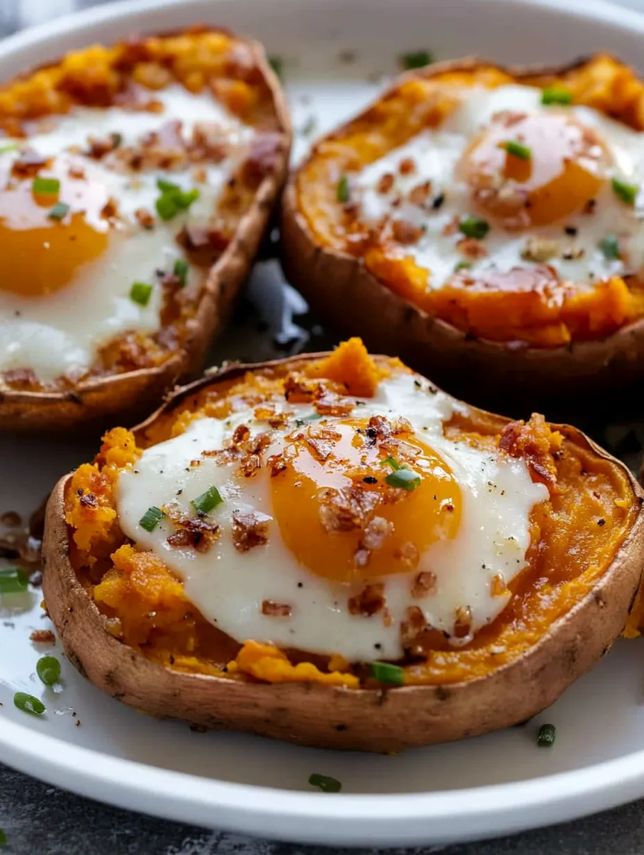 Zwei gebackene Süßkartoffelhälften mit Ei in der Mitte.