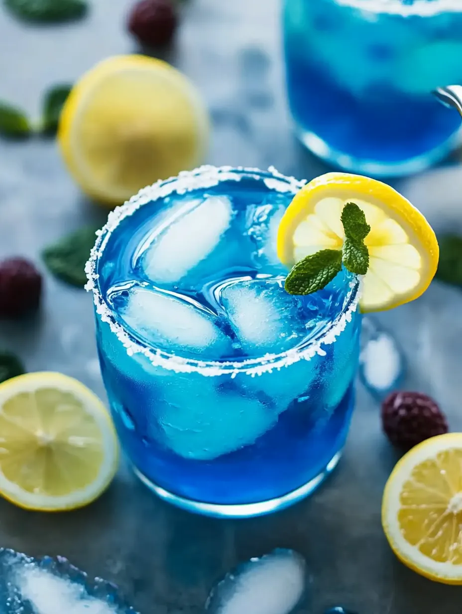Ein blaues Getränk mit Zitronen- und Limettenscheiben.